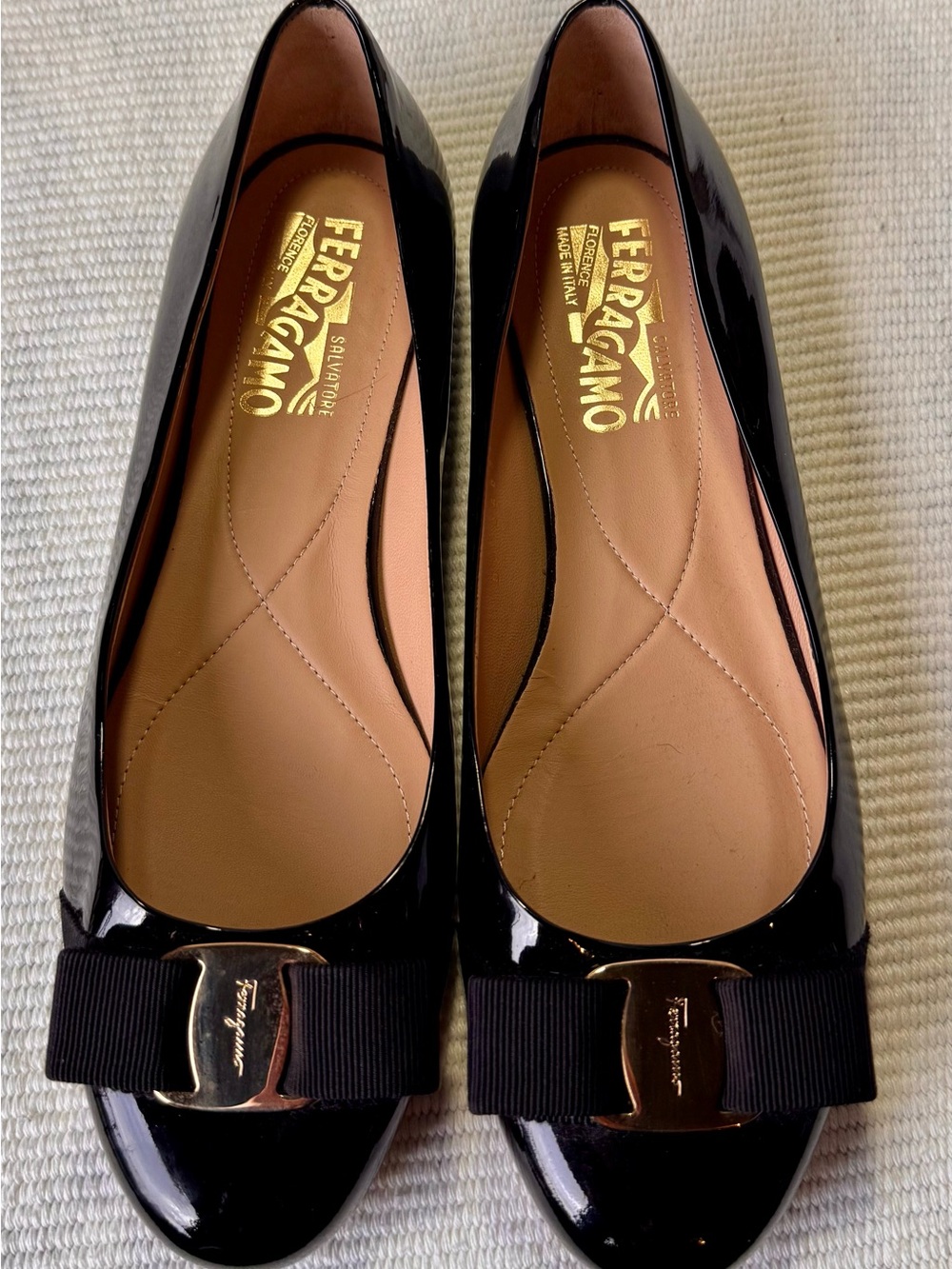 Salvatore Ferragamo Black Patent Leather Vara Bow Flats